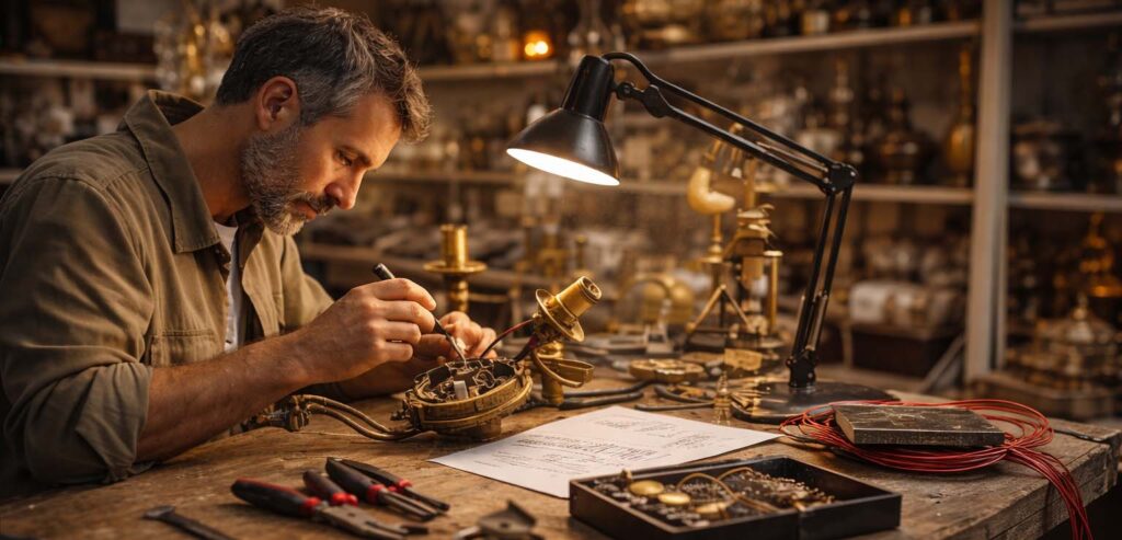 Artisan restaurant un luminaire ancien dans un atelier spécialisé en mise aux normes électriques