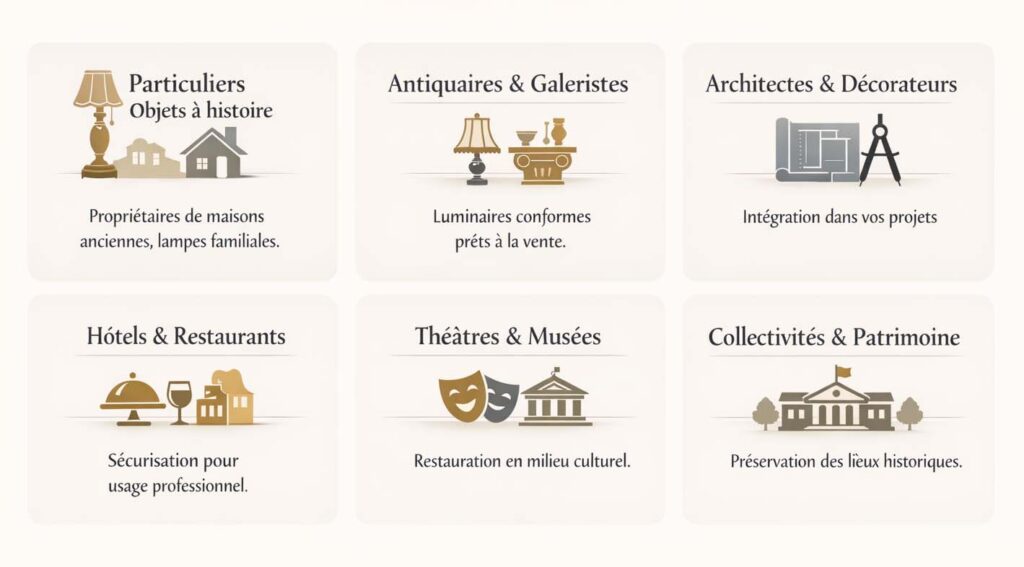 Atelier de restauration de luminaires anciens : particuliers, antiquaires, architectes, hôtels, lieux culturels et collectivités