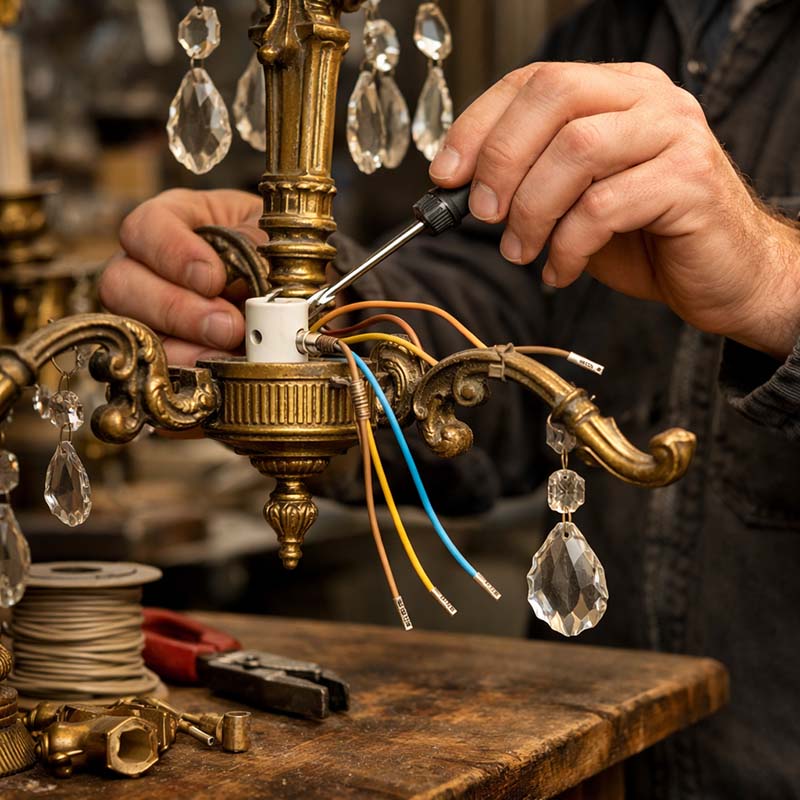 Restauration électrique d’un luminaire ancien en atelier